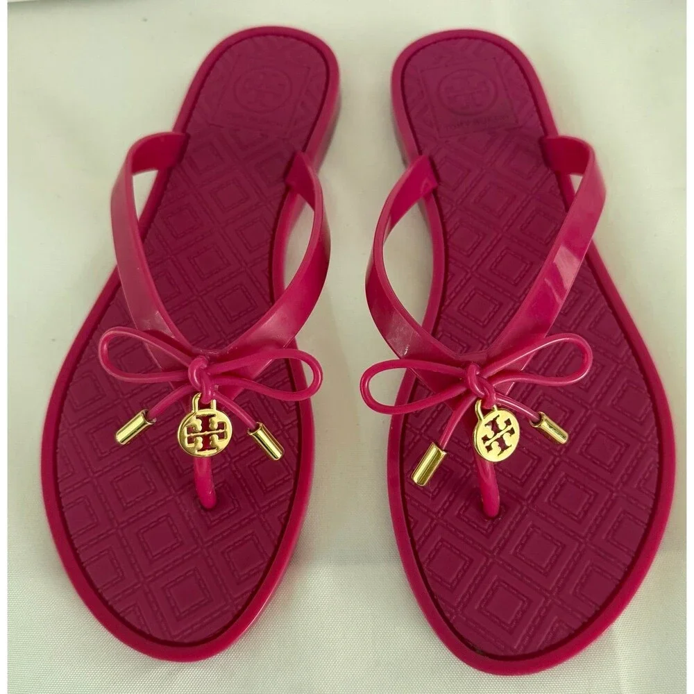 Tory Burch Womens Jelly Sandal Size 6 Hot Pink Thong Flip Flop Bow Charm Casual